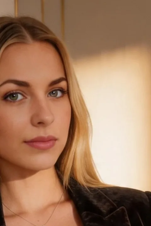 AI-generated portrait of a blonde companion character in warm indoor light