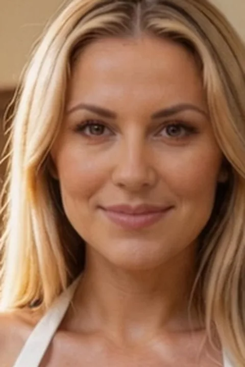 AI-generated portrait of a smiling blonde companion character in daylight
